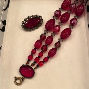 Red glass bracelet and red glass c-clasp Brooch